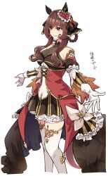  animal_ears bare_shoulders black_bow black_bowtie bow bowtie braided_hair_rings breasts brown_hair cleavage commentary_request cowboy_shot detached_sleeves dress ear_covers ear_ornament embroidery female frills gentildonna_(umamusume) gloves gold_embroidery hair_between_eyes hair_ribbon hair_rings heart-shaped_ornament heart_ear_ornament highres horse_ears horse_girl horse_tail ido_(teketeke) large_breasts light_blush light_particles long_hair looking_at_viewer red_dress red_eyes ribbon see-through see-through_cleavage sidelocks sleeveless sleeveless_dress smile solo standing tail umamusume white_gloves 