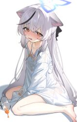  absurdres accident animal_ear_fluff animal_ears bare_legs barefoot black_hair blue_archive blush bongnom bra collared_shirt crying crying_with_eyes_open cup female grey_hair halo highres kokona_(blue_archive) long_sleeves looking_at_viewer messy multicolored_hair no_pants open_mouth oversized_clothes oversized_shirt shirt simple_background sitting solo stain stained_clothes streaked_hair tears tiger_ears tiger_girl underwear wariza wet white_background white_shirt yellow_eyes 