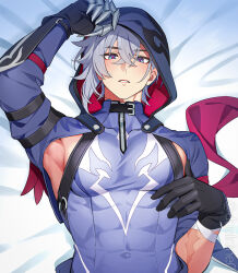  1boy abs aqua_eyes arm_up armpits black_gloves black_hood gloves grey_hair hair_between_eyes honkai:_star_rail honkai_(series) hood hood_up long_hair looking_at_viewer lying male_focus meiji_(meiji770) moze_(honkai:_star_rail) muscular muscular_male purple_hood purple_shirt shirt short_hair solo 