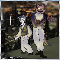  above_view ambiguous_gender building c2d2 cat_ears city cityscape clothed color daan_(fear_and_hunger) digital_media_(artwork) fear_and_hunger fear_and_hunger:_termina felid gloves human humanoid male monster outdoors pants pocketcat_(fear_and_hunger) purple_body shaded sharp_teeth shoes skyscraper smile suit vest white_body 