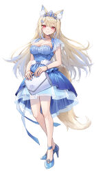  alternate_costume animal_ear_fluff animal_ears blonde_hair blue_hair bracelet breasts cleavage closed_mouth curry_bowl dog_ears dog_girl dog_tail dress female full_body fuwawa_abyssgard highres hololive hololive_english jewelry long_hair multicolored_hair open_mouth red_eyes revision smile solo streaked_hair tail virtual_youtuber 