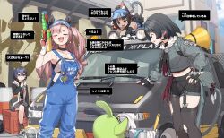  4girls :d absurdres animal_ears belle_(zenless_zone_zero) black_hair black_pantyhose black_ribbon black_shorts black_thighhighs blue_hat blue_sky blush breasts brown_eyes bucket building car cat_ears cat_girl cat_tail chain-link_fence character_request cleavage clothes_writing cloud cloudy_sky commentary_request cropped_jacket day ear_piercing fence food garter_straps grey_jacket hair_between_eyes hair_ribbon hat highres holding holding_food hose ice_cream jacket jane_doe_(zenless_zone_zero) long_hair medium_breasts megaphone mole mole_under_eye motor_vehicle multiple_girls nicole_demara outdoors overalls pantyhose pantyhose_under_shorts piercing pink_hair profile ribbon short_hair shorts single_leg_pantyhose single_thighhigh sitting sky smile tail thighhighs torn_clothes torn_pantyhose translation_request two_side_up very_long_hair visor_cap washing_vehicle water_gun window yukie_(kusaka_shi) zenless_zone_zero 