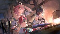  2girls :d absurdres animal arm_up bare_shoulders black_bra black_hair box bra bracelet chains chinese_clothes commentary_request dutch_angle embers feline fire forge grey_eyes hair_between_eyes hammer headpiece highres holding holding_animal holding_cat holding_hammer holding_sword holding_weapon honkai:_star_rail honkai_(series) indoors jewelry lock long_hair march_7th_(honkai:_star_rail) march_7th_(hunt)_(honkai:_star_rail) midriff multiple_girls open_mouth pendant pink_eyes pink_hair red_skirt skirt smile strapless sword tube_top underwear weapon white_sleeves white_tube_top ye_xing_caomei yunli_(honkai:_star_rail) 