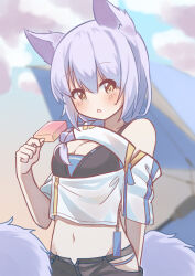  absurdres animal_ears arknights bare_shoulders black_shorts blurry blurry_background blush braid breasts brown_eyes cleavage depth_of_field female food groin hair_between_eyes hair_over_shoulder highres holding holding_food jacket large_tail long_hair looking_at_viewer medium_breasts navel off-shoulder_jacket off_shoulder parted_lips popsicle provence_(arknights) provence_(casual_vacation)_(arknights) purple_hair ryoku_sui shorts single_braid solo tail white_jacket wolf_ears wolf_girl wolf_tail 