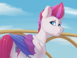  ailoy4 blue_eyes cloud cutie_mark equid equine female feral hair hasbro hi_res mammal mlp_g5 multicolored_hair multicolored_wings my_little_pony mythological_creature mythological_equine mythology pegasus sad sky solo white_body wings zipp_storm_(mlp) 