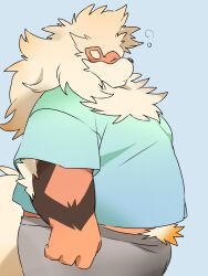  2024 3:4 anthro anthrofied arcanine belly black_nose bottomwear closed_eyes clothing generation_1_pokemon hi_res inunoshippo kemono male nintendo overweight overweight_male pokemon pokemon_(species) shorts simple_background solo 