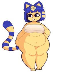  2024 3_toes aliasing animal_crossing animal_humanoid ankha_(animal_crossing) anthro bandeau barefoot belly belly_overhang black_nose blue_body blue_fur blue_hair bottomless breasts cat_humanoid cel_shading clothed clothing digital_media_(artwork) domestic_cat eyelashes featureless_crotch feet felid felid_humanoid feline feline_humanoid felis female front_view full-length_portrait fur hair hand_on_hip humanoid itislundi mammal mammal_humanoid markings medium_breasts multicolored_body multicolored_fur navel nintendo open_mouth overweight overweight_anthro overweight_female pear-shaped_figure portrait pupils shaded simple_background solo standing striped_markings striped_tail stripes tail tail_markings thick_thighs toes topwear two_tone_body two_tone_fur uraeus white_background wide_hips yellow_body yellow_fur 