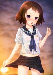  bad_id bad_pixiv_id bra brown_hair female highres hyouka ibara_mayaka kamiyama_high_school_uniform_(hyouka) noshimasa petite photoshop_(medium) red_eyes school_uniform see-through serafuku short_hair sunset underwear wet wet_clothes 