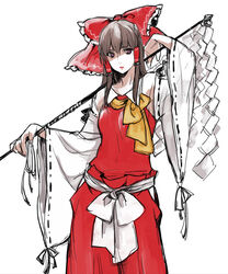  adapted_costume alternate_eye_color asakura_noi bow breasts brown_hair commentary_request cowboy_shot detached_sleeves female gohei hair_tubes hairbow hakurei_reimu hip_vent japanese_clothes long_hair looking_to_the_side medium_breasts neck oonusa parted_lips purple_eyes red_bow red_lips red_shirt ribbon-trimmed_sleeves ribbon_trim shaded_face shirt simple_background solo touhou white_background wide_sleeves 