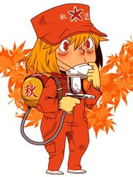  airbrush aki_shizuha alternate_costume autumn_leaves backpack bag blonde_hair commentary_request female hat onikobe_rin overalls red_eyes respirator solo touhou 