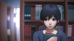  androgynous bad_drawcrowd_id bad_id black_hair blue_eyes bokura_wa_minna_kawaisou book bookshelf female gohpot highres kawai_ritsu library lips looking_to_the_side short_hair signature solo upper_body 