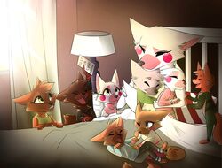  2017 absurd_res alternate_species anthro anthrofied bed bodily_fluids canid canine closed_eyes clothed clothing cristalwolf567 english_text family fan_character female five_nights_at_freddy&#039;s five_nights_at_freddy&#039;s_2 fox funtime_foxy_(fnaf) furniture furrification group hi_res holidays lolicon male mammal mangle_(fnaf) mother&#039;s_day mother_(lore) parent_(lore) scottgames smile tears text young 