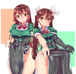  2girls asymmetrical_legwear breasts brown_eyes brown_hair chiha_(abo_ecm_mk25) chikuma_(kancolle) chikuma_kai_ni_(kancolle) commentary_request cowboy_shot dress elbow_gloves gloves hair_between_eyes hair_ribbon highres kantai_collection large_breasts long_hair looking_at_viewer medium_breasts multiple_girls no_panties no_pants pelvic_curtain ribbon short_dress side_slit single_elbow_glove single_glove single_thighhigh thighhighs thighs tone_(kancolle) tone_kai_ni_(kancolle) twintails uneven_legwear white_ribbon 