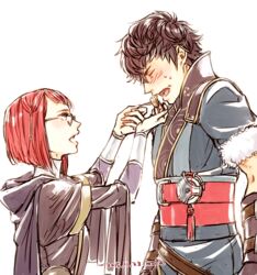  1boy bad_id bad_pixiv_id black_hair blush commentary_request feeding female fire_emblem fire_emblem_awakening glasses lon&#039;qu_(fire_emblem) miriel_(fire_emblem) moka_(choco_liliy) red_hair short_hair 