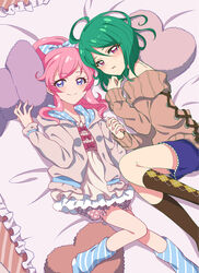  2girls bare_shoulders bloomers blue_eyes blush bow closed_mouth commentary green_hair green_nails highres holding_hands interlocked_fingers kiratto_pri_chan looking_at_viewer lying medium_hair midorikawa_sara momoyama_mirai multiple_girls nail_polish on_back on_bed on_pillow parted_lips pink_eyes pink_hair pink_nails ponytail pretty_series ribbon short_hair smile socks soraeda underwear 