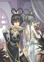  2girls alternate_costume alternate_hair_color architecture argyle_cutout arm_at_side ass back back-to-back black_dress black_hair black_thighhighs bow bracelet braid chair china_dress chinese_clothes closed_mouth clothing_cutout commentary_request contrapposto cropped_jacket curtains detached_sleeves drawer dress dual_persona east_asian_architecture eyelashes floral_print flower folding_fan garter_straps green_eyes grey_hair hair_between_eyes hair_ornament hair_rings hair_tubes hand_fan hand_on_own_hip holding holding_fan indoors jewelry lattice long_hair looking_at_viewer luo_tianyi multiple_girls pelvic_curtain photoshop_(medium) pillar plant profile round_window scroll short_hair_with_long_locks short_sleeves sidelocks smile standing streamingsun tassel thighhighs vase vocaloid vsinger white_bow white_dress white_flower window 