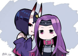  bangs belt_collar chibi eyeshadow fate/grand_order fate_(series) grin headband idk-kun japanese_clothes kimono long_hair makeup medusa_(lancer)_(fate) multiple_girls off_shoulder parted_bangs purple_eyes purple_hair purple_kimono rider short_hair shuten_douji_(fate/grand_order) shuten_douji_(halloween)_(fate) smile smug sweatdrop twitter_username 