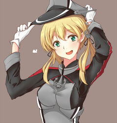  bad_id bad_pixiv_id blonde_hair commentary_request female gloves green_eyes hair_ornament hat heart kantai_collection peaked_cap prinz_eugen_(kancolle) smile solo suu2510 twintails uniform 