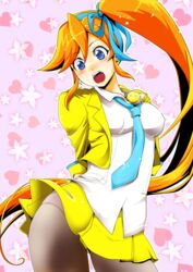  athena_cykes bad_id bad_pixiv_id black_pantyhose blue_eyes blue_necktie commentary_request female gyakuten_saiban hair_ribbon heart long_hair looking_at_viewer miniskirt necktie open_mouth panties panties_under_pantyhose pantyhose phoenix_wright:_ace_attorney_-_dual_destinies pink_background pncnmmm red_hair ribbon side_ponytail skirt solo underwear very_long_hair yellow_skirt 