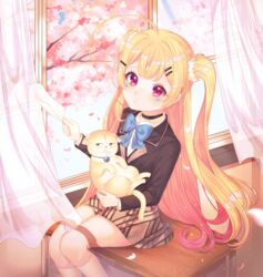  absurdres ahoge animal azur_lane bad_id bad_pixiv_id bell black_choker black_jacket blazer blonde_hair blue_bow blush bow brown_skirt cherry_blossoms choker closed_mouth collared_shirt commentary curtains day desk eldridge_(azur_lane) eldridge_(the_inquisitive_recluse)_(azur_lane) facial_mark feline female flower gradient_hair hair_ornament hairclip highres holding holding_animal holding_cat holding_paper indoors jacket jingle_bell kneehighs long_hair long_sleeves looking_at_viewer multicolored_hair nibbling official_alternate_costume on_desk open_window paper petals pink_flower purple_eyes purple_hair reel_(riru) school_desk school_uniform shirt sitting skirt socks solo sunlight torn two_side_up very_long_hair white_shirt white_socks window 