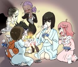  1boy 5girls bad_id bad_twitter_id bathrobe blush card cup drinking gyosone hououmaru_rei jakuzure_nonon kill_la_kill kiryuuin_satsuki mankanshoku_mako matoi_ryuuko mug multiple_girls nightgown old old_man pajamas playing_card playing_games seiza siblings sisters sitting sleepover soroi_mitsuzou spoilers surprised 