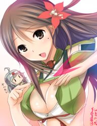  &gt;:( amagi_(kancolle) amagi_kai_(kancolle) bare_shoulders brasowa breasts brown_eyes brown_hair cleavage cleavage_cutout clothing_cutout commentary_request crop_top dutch_angle fairy_(kancolle) female flower frown grey_hair hair_between_eyes hair_flower hair_ornament highres kantai_collection large_breasts long_hair midriff mini_person minigirl open_mouth ponytail ryuusei_(kancolle) serious short_sleeves smile upper_body v-shaped_eyebrows 