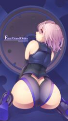  armor artist_name ass back bare_shoulders black_gloves cameltoe commentary copyright_name covered_anus deto elbow_gloves fate/grand_order fate_(series) female from_behind gloves high_heels highres leotard looking_at_viewer looking_back lord_camelot_(fate) mash_kyrielight purple_eyes purple_hair shield short_hair sitting solo wariza 