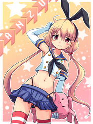  black_panties blonde_hair brown_eyes commentary cosplay crossover elbow_gloves female futaba_anzu gloves hair_ornament headband highleg highleg_panties idolmaster idolmaster_cinderella_girls kantai_collection long_hair navel panties photoshop_(medium) ryusei2u shimakaze_(kancolle) shimakaze_(kancolle)_(cosplay) skirt solo striped_clothes striped_thighhighs stuffed_animal stuffed_rabbit stuffed_toy thighhighs twintails underwear white_gloves 