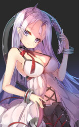  bare_shoulders black_background blush breasts cleavage closed_mouth closers commentary_request dress female head_tilt horns large_breasts levia_(closers) long_hair looking_at_viewer navel pointy_ears purple_eyes purple_hair red_ribbon ribbon simple_background sleeveless sleeveless_dress smile solo very_long_hair wataru_kuri white_dress 