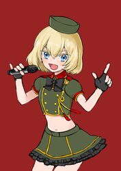  :d absurdres alternate_costume banira_(oocooocooocoo) black_bow black_bowtie black_gloves blonde_hair blue_eyes bow bowtie commentary cowboy_shot crop_top female fingerless_gloves frilled_skirt frills girls_und_panzer girls_und_panzer_senshadou_daisakusen! gloves green_hat green_jacket green_skirt hat highres holding holding_microphone idol jacket katyusha_(girls_und_panzer) layered_skirt looking_at_viewer microphone midriff miniskirt navel oerba_yun_fang open_mouth pinky_out pointing pointing_up puffy_short_sleeves puffy_sleeves red_background short_hair short_sleeves simple_background skirt smile solo v-shaped_eyebrows w_arms 