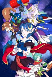  1boy 3girls ahoge animal_ears blue_eyes blue_hair brown_hair cape cat_ears celine_jules commentary_request crescent crescent_hair_ornament detached_cape gloves green_eyes hair_ornament hairclip hat leon_geeste long_hair maruco multiple_girls pointy_ears ponytail precis_neumann purple_hair red_cape rena_lanford short_hair skirt star_ocean star_ocean_the_second_story thighhighs white_legwear 