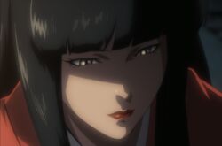  black_hair grey_eyes highres japanese_clothes kimono kuromitsu kurozuka long_hair red_lipstick screencap solo vampire 