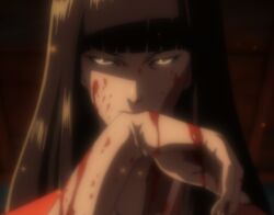  black_hair blood female grey_eyes highres kimono kuromitsu kurozuka long_hair red_lipstick screencap solo vampire 