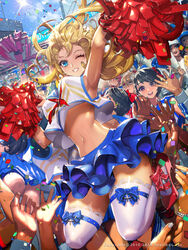  arm_up armpits black_hair blonde_hair blue_eyes cheerleader commentary_request confetti crop_top crop_top_overhang crowd dated day female furyou_michi_~gang_road~ grin hiasa_lily high_heels highres jumping lace lace-trimmed_legwear lace_trim long_hair looking_at_viewer midriff navel official_art one_eye_closed photoshop_(medium) pom_pom_(cheerleading) purple_eyes short_hair skirt sky smile solo_focus thighhighs wally_(where&#039;s_wally) waving where&#039;s_wally white_legwear xaxak zettai_ryouiki 