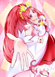  blush brooch commentary_request cure_ace dokidoki!_precure dress earrings eyelashes female hair_ornament hair_ribbon half_updo happy heart heart_brooch highres jewelry lipstick long_hair looking_at_viewer madoka_aguri magical_girl makeup mikan_(mikataaaa) ponytail precure red_dress red_eyes red_hair ribbon smile solo standing thighhighs very_long_hair wrist_cuffs 