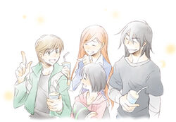  2boys 2girls ben_10 ben_10:_alien_force ben_tennyson black_hair bob_cut brown_hair closed_eyes commentary_request green_eyes gwen_tennyson julie_yamamoto kevin_levin layered_sleeves long_hair long_sleeves monimu_(ohits_gohan) multiple_boys multiple_girls open_mouth orange_hair short_hair short_over_long_sleeves short_sleeves smile smoothie 