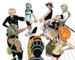  2girls 5boys bag bird black_hair blonde_hair blue_hair carue cigarette duck green_hair haramaki monkey_d_luffy multiple_boys multiple_girls nami_(one_piece) necktie nefertari_vivi one_piece orange_hair princess reindeer roronoa_zoro sanji sword tattoo tony_tony_chopper usopp 