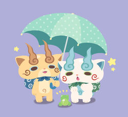  abbreviated_karakusa aqua_umbrella brothers chestnut_mouth chuno commentary_request flat_color frog furoshiki furoshiki_around_neck holding holding_umbrella komajirou komasan no_humans open_mouth photoshop_(medium) polka_dot polka_dot_umbrella purple_background shared_umbrella siblings simple_background squatting standing star_(symbol) umbrella youkai_(youkai_watch) youkai_watch 