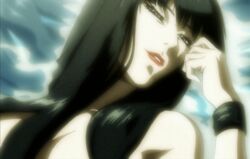  black_hair female grey_eyes highres kuromitsu kurozuka long_hair red_lipstick screencap solo vampire 