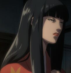  black_hair grey_eyes highres japanese_clothes kimono kuromitsu kurozuka long_hair red_lipstick screencap solo vampire 