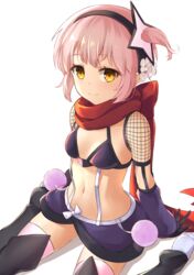  arm_warmers bad_id bad_pixiv_id bikini bikini_top_only black_gloves black_hairband blush breasts closed_mouth commentary_request cosplay female fishnets flower gloves hair_flower hair_ornament hairband looking_at_viewer mahou_shoujo_ikusei_keikaku navel ninja pink_hair pinta_(ayashii_bochi) red_scarf ripple_(mahoiku) ripple_(mahoiku)_(cosplay) scarf short_hair shuriken_hair_ornament side_ponytail sitting small_breasts smile snow_white_(mahoiku) solo stomach swimsuit thighhighs wariza yellow_eyes 