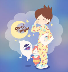  1boy :3 amano_keita blush brown_hair cameo character_pillow chuno closed_eyes commentary_request crescent_moon drooling english_text feline ghost haramaki highres jibanyan komasan moon multiple_tails open_mouth pajamas photoshop_(medium) pillow purple_lips saliva short_hair slippers standing star_(symbol) tail two_tails whisper_(youkai_watch) youkai_(youkai_watch) youkai_watch 