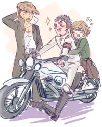  3boys armband bad_id bad_pixiv_id black_hair brown_hair danganronpa:_trigger_happy_havoc danganronpa_(series) fujisaki_chihiro ishimaru_kiyotaka long_hair lotter75 male_focus motor_vehicle motorcycle multiple_boys multiple_riders otoko_no_ko owada_mondo pompadour red_eyes skirt smile uniform white_gakuran 