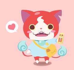  blue_fire blush_stickers candy candy_bar chocoboo chuno commentary_request fangs feline fire flame-tipped_tail food heart jibanyan looking_at_viewer multiple_tails no_humans notched_ear open_mouth photoshop_(medium) pink_background solo speech_bubble spoken_heart standing tail two_tails youkai_(youkai_watch) youkai_watch 