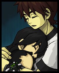  2boys bags_under_eyes ben_10 ben_tennyson black_hair brown_hair closed_eyes commentary_request hug kevin_levin kou_(kian) lying_on_person male_focus multiple_boys omnitrix open_mouth 