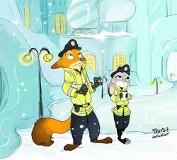  2017 absurd_res anthro canid canine clothing disney duo female fox frava8 hi_res judy_hopps lagomorph leporid looking_up male mammal nick_wilde night police police_uniform rabbit red_fox snow true_fox uniform zootopia 