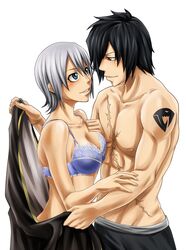  arya-aiedail black_hair blue_bra blue_eyes bra breasts cape cleavage eye_contact fairy_tail female lace lace-trimmed_bra lisanna lisanna_strauss red_eyes rogue_cheney scar short_hair silver_hair tattoo 