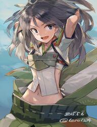  :d black_hair blue_eyes commentary_request female kantai_collection katsuragi_(kancolle) long_hair midriff navel oerba_yun_fang open_mouth smile solo toro_(konirio) 