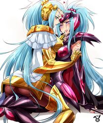  2girls arai_nobu armor blue_eyes blue_hair cape commentary_request gemini_integra gemini_paradox gold_armor gold_saint incest long_hair mask multiple_girls pantyhose purple_eyes saint_seiya saint_seiya_omega siblings simple_background sisters spoilers twincest twins very_long_hair white_background yuri 