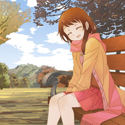  :d bench blush brown_hair buttons closed_eyes cloud commentary_request day female highres jacket long_hair nisekoi onodera_kosaki open_mouth outdoors own_hands_together scarf sitting skirt smile solo total9 tree 